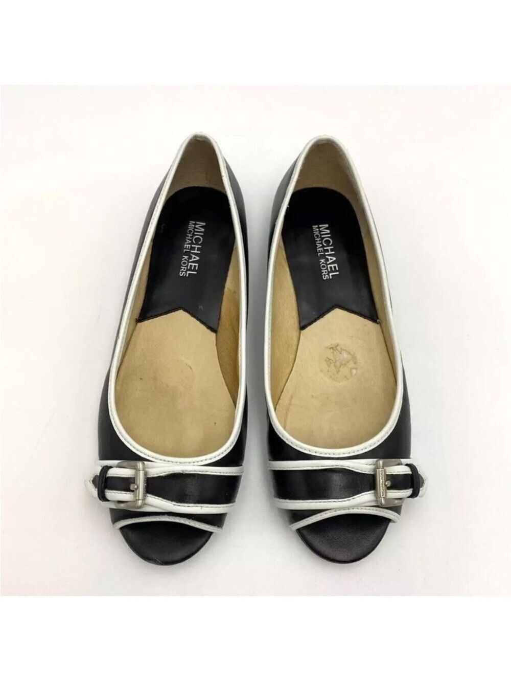 Michael Kors Womens Peep Toe Leather Flats Shoes Black/White Sz 7.5M
